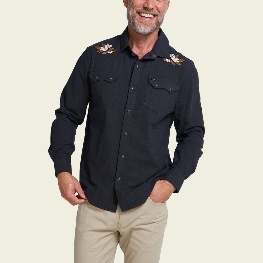 Howler Bros. Crosscut Deluxe Longsleeve Shirt Men's Long Sleeve Button Downs Howler Brothers Orange Blossoms : Antique Black M 