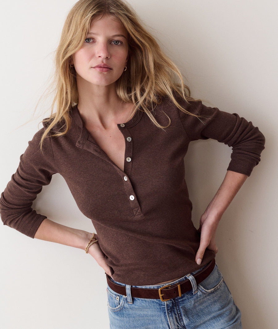 Marine Layer Mini Rib Henley Women's Casual Tops Marine Layer Chocolate XS 
