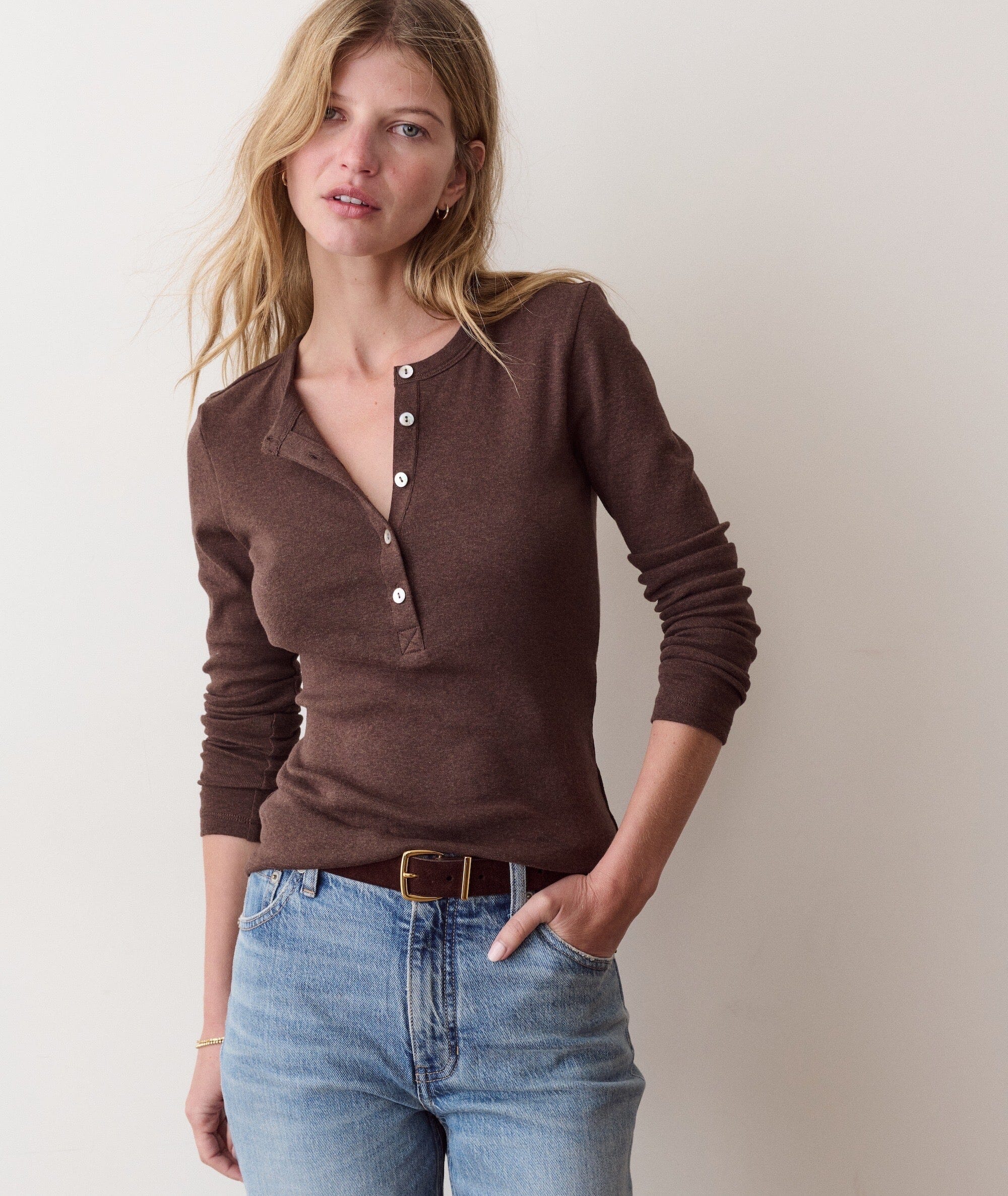Marine Layer Mini Rib Henley Women's Casual Tops Marine Layer Chocolate XS