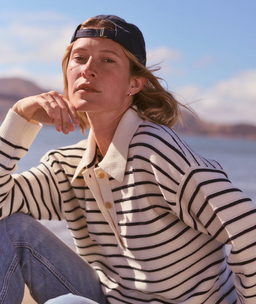 Marine Layer Valerie Polo Sweater Women's Sweaters Marine Layer Cream & Twilight Stripe M 