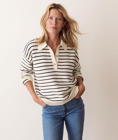 Marine Layer Valerie Polo Sweater Women's Sweaters Marine Layer Cream & Twilight Stripe M