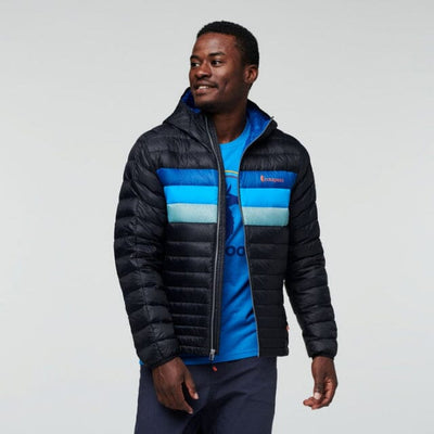 Men's Fuego Down Hooded Jacket Apparel & Accessories Cotopaxi Black & Pacific Stripes L