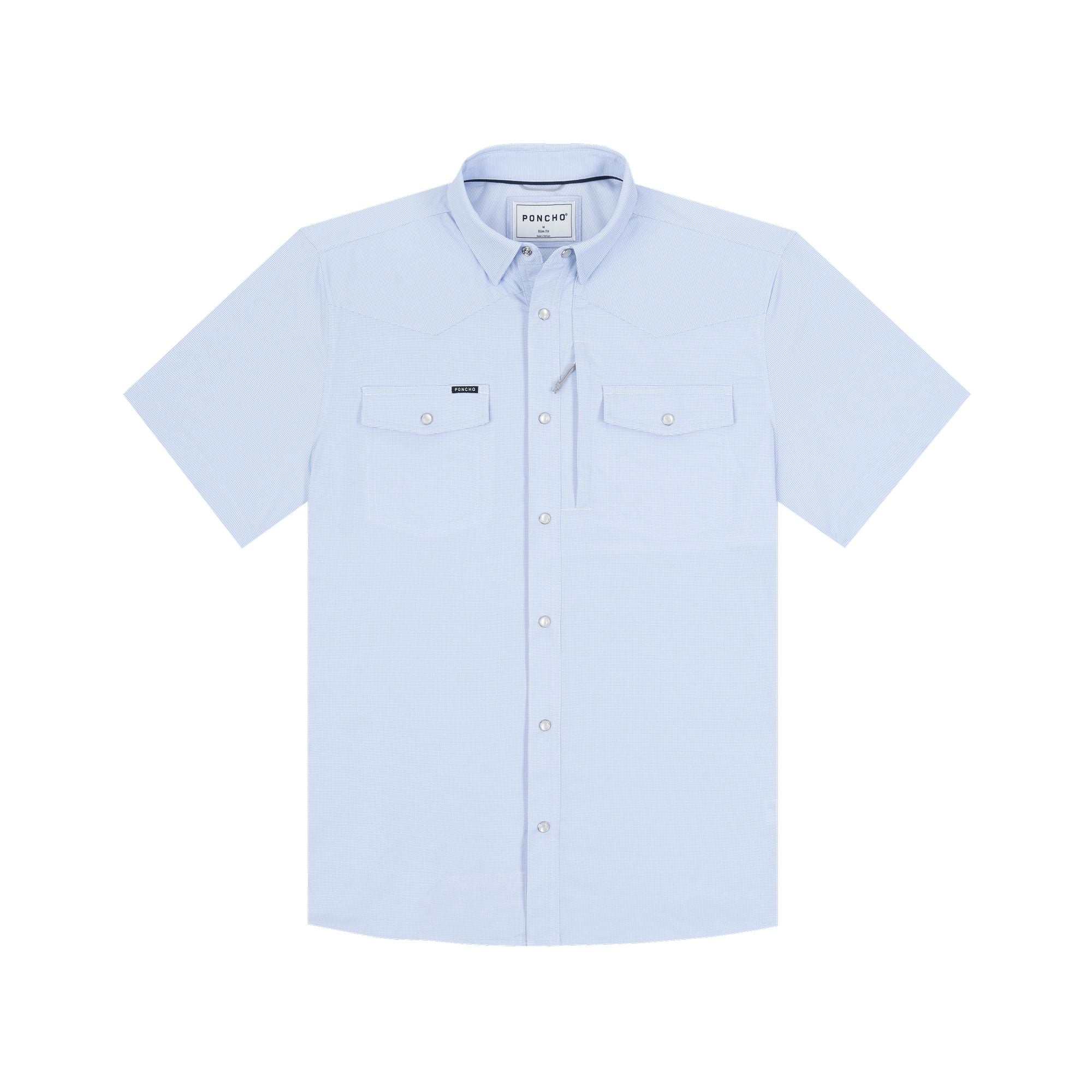 Poncho The Padre Shirt Men's Short Sleeve Button Downs Poncho Blue Microcheck M